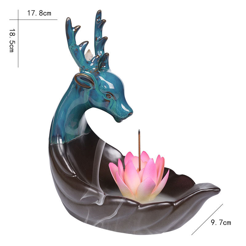 Young Deer Shaped Backflow Incense Burner with Lotus Stick Holder