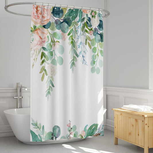 Watercolor Style Pink Rose Weep Leaves Shower Curtain | Watercolor Pink Rose Bathroom Curtain