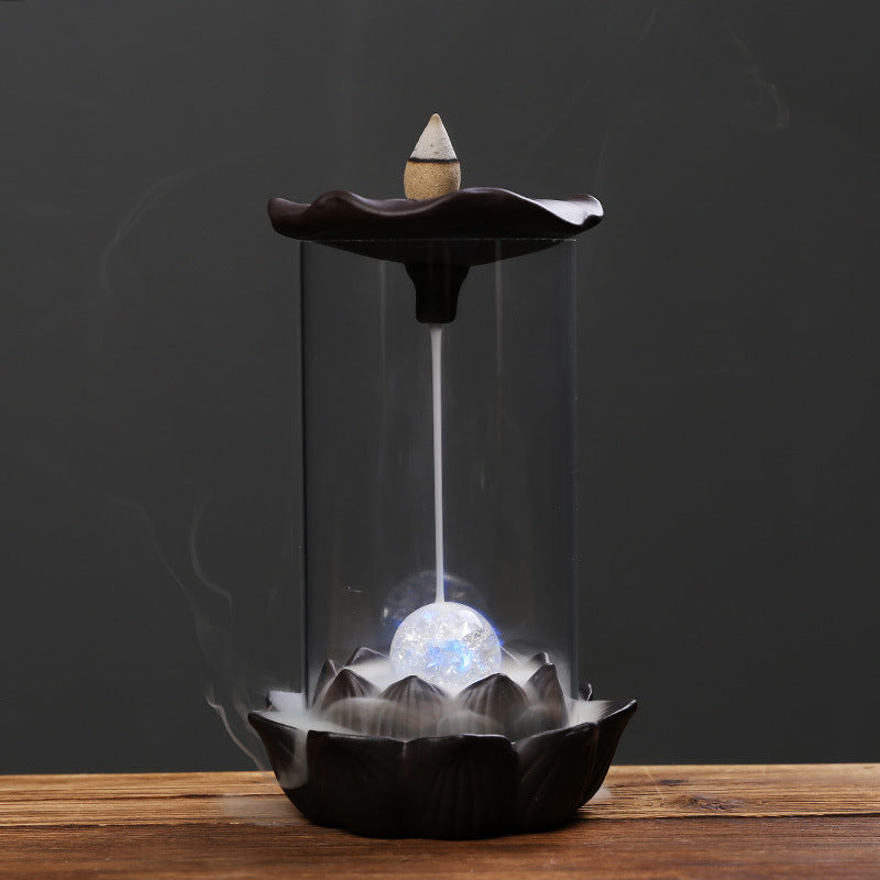 Lotus with Led Ball Backflow Incense Burner with Acrylic Hood Cylindrical Shape Burner