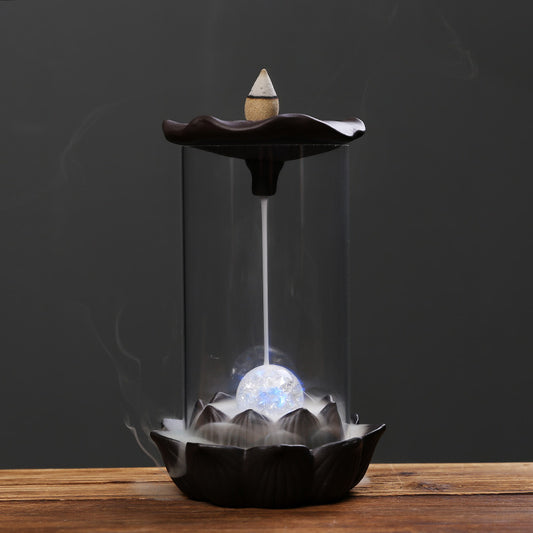Lotus with Led Ball Backflow Incense Burner with Acrylic Hood Cylindrical Shape Burner