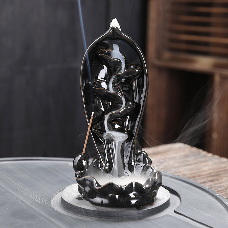 Lotus Waterfall Incense Burner Flower Bud Shape with Koi Fish