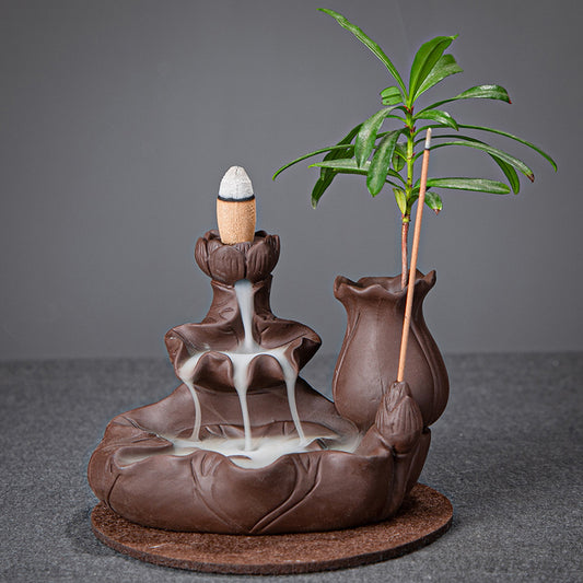 Three-layer Lotus Leaf Backflow Incense Burner with Lotus Buds Incense Stick Holder and A Vase