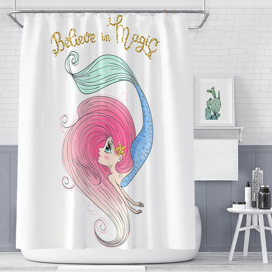 Believe in Magic Pink Haired Mermaid Shower Curtain | Cartoon Mermaid Bathroom Curtain
