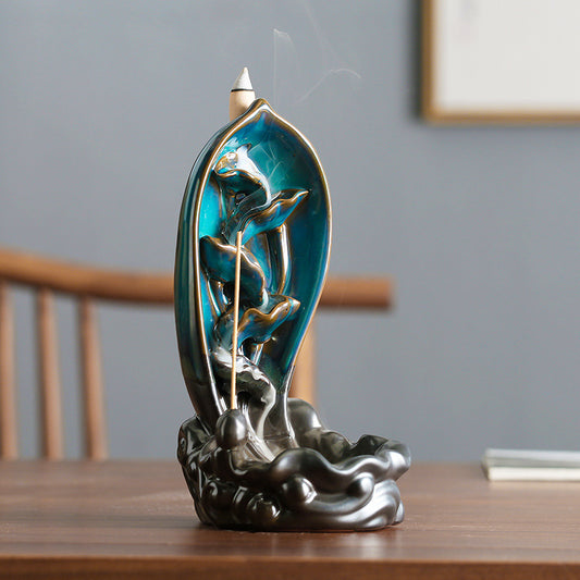 Lotus Waterfall Incense Burner Flower Bud Shape with Koi Fish