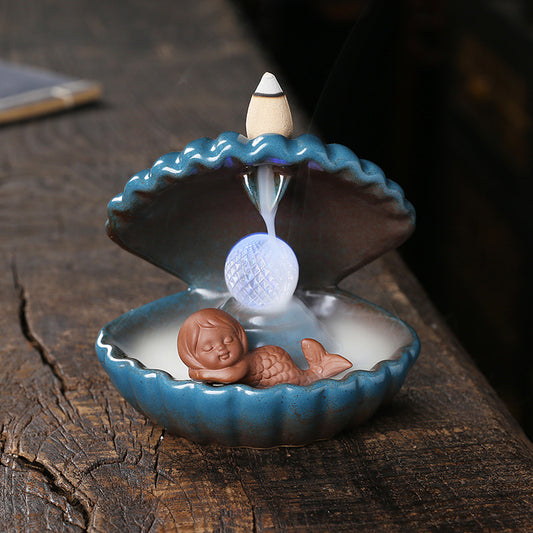 Mermaid Blue Shell Incense Burner with LED Ball Backflow Smoke Holder