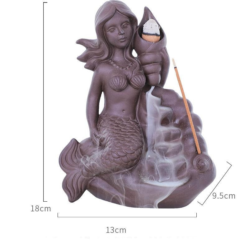 Conch Mermaid Backflow Incense Burner Red Porcelain Smoke Waterfall with Incense Stick Hole