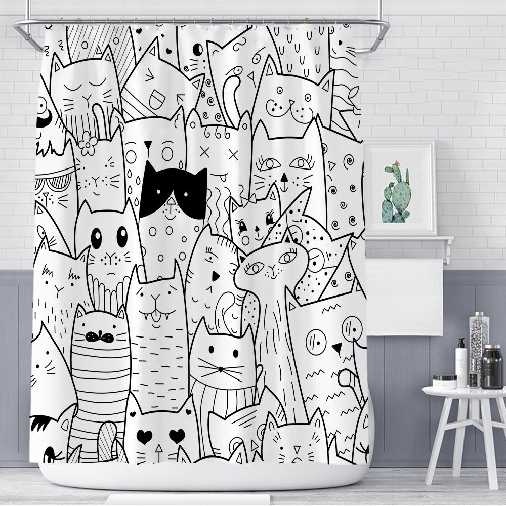Stick Figure Style Longcat Shower Curtain | Cartoon Cat Bathroom Curtain