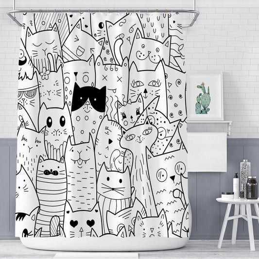 Stick Figure Style Longcat Shower Curtain | Cartoon Cat Bathroom Curtain