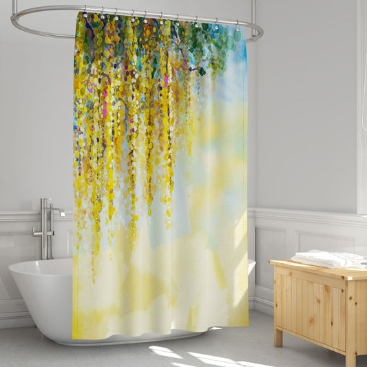 Yellow Watercolour Polka Dot Weeping Flower Shower Curtain | Watercolour Dot Flower Bathroom Curtain