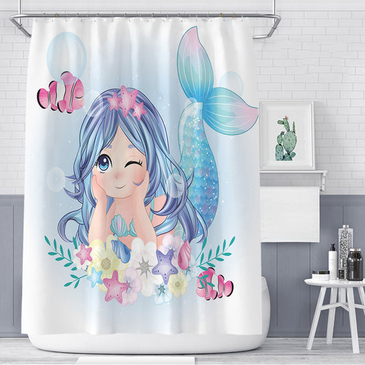 Clownfish and Blue Mermaid Shower Curtain | Cartoon Mermaid Bathroom Curtain