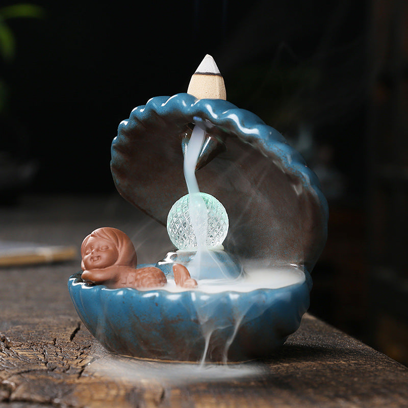 Mermaid Blue Shell Incense Burner with LED Ball Backflow Smoke Holder