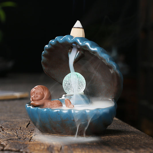 Mermaid Blue Shell Incense Burner with LED Ball Backflow Smoke Holder