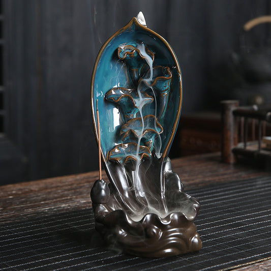 Lotus Waterfall Incense Burner Flower Bud Shape with Koi Fish