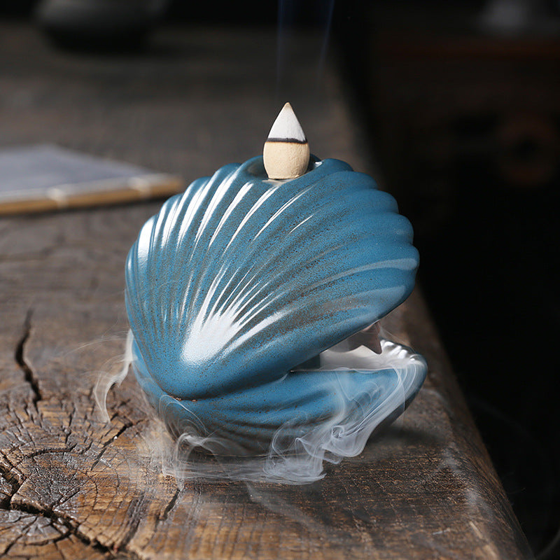 Mermaid Blue Shell Incense Burner with LED Ball Backflow Smoke Holder