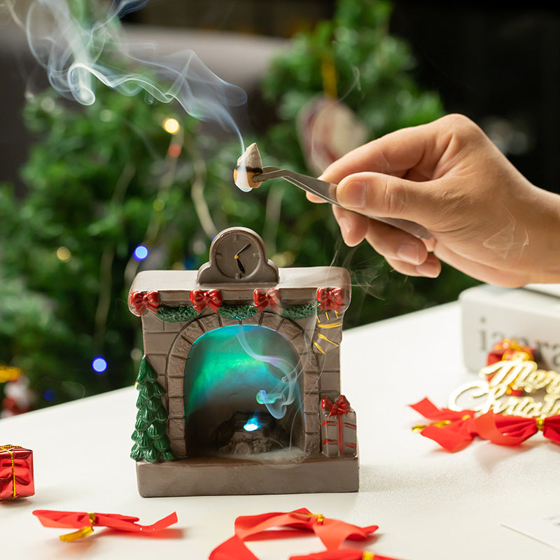 Christmas Fireplace Incense Backflow Burner with LED Lighting Incense Stick Hole