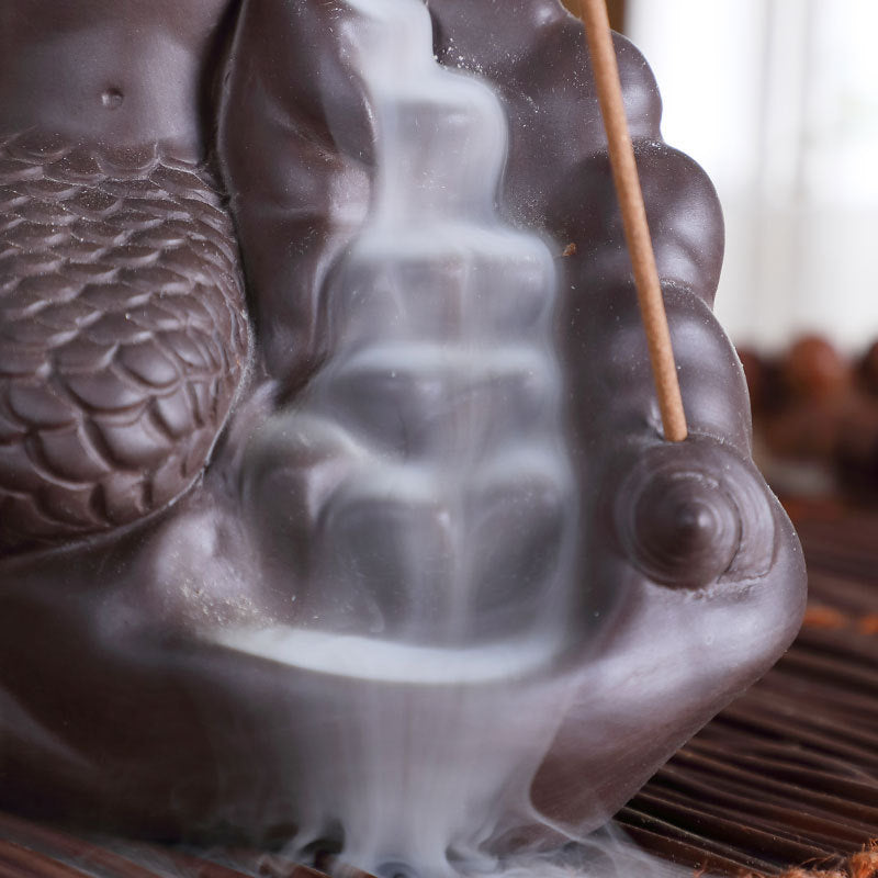 Conch Mermaid Backflow Incense Burner Red Porcelain Smoke Waterfall with Incense Stick Hole