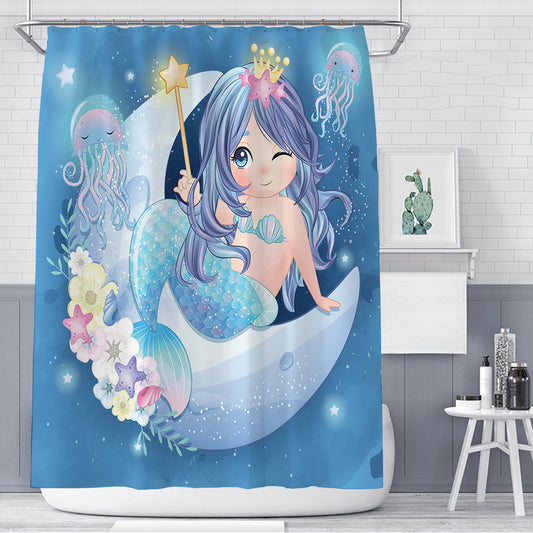 Jellyfish and Mermaid Princess Shower Curtain | Mermaid Princess Bathroom Curtain