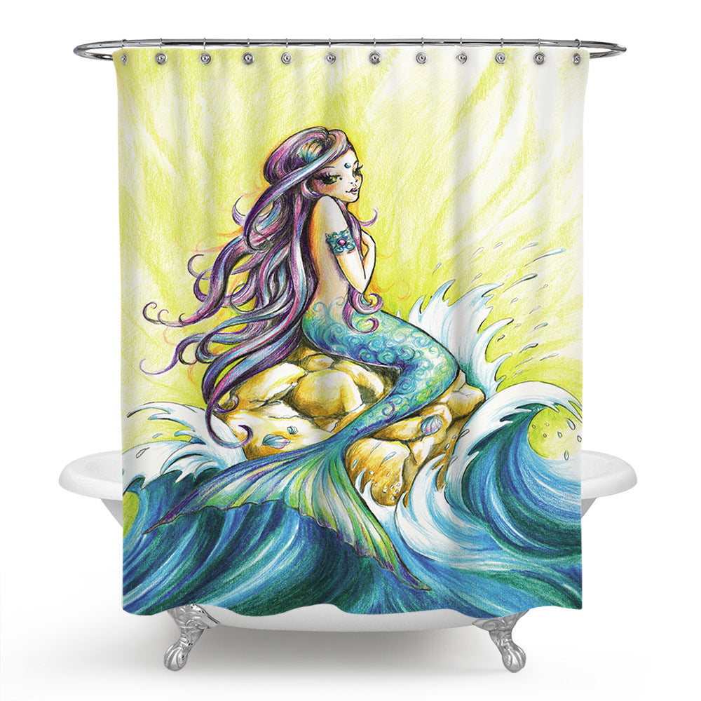 Waves Mermaid Shower Curtain | Mermaid Bathroom Curtain