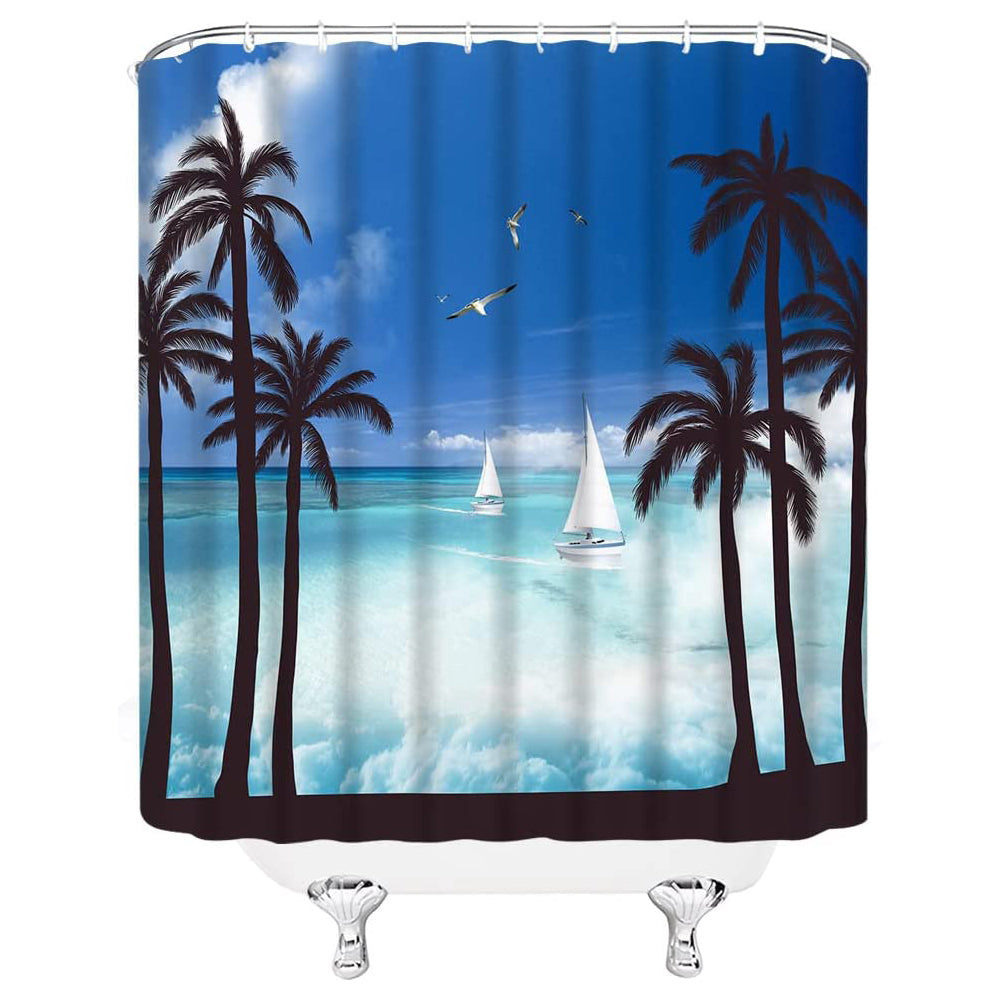 Blue Sky Palm seagull sailboat Tropical Beach Shower Curtain | Blue Sky Beach Bathroom Curtain