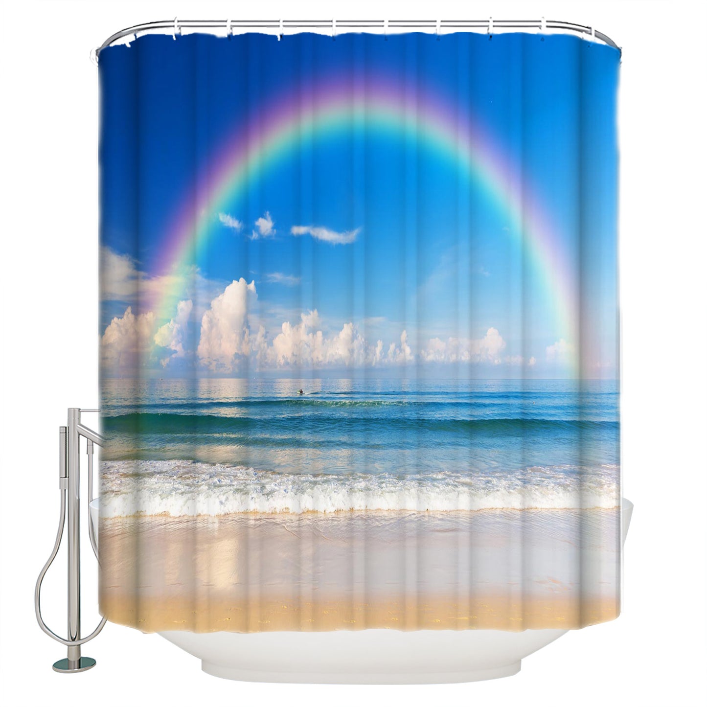 Blue Sky Rainbow Beach Shower Curtain | Rainbow Seaside Bathroom Curtain