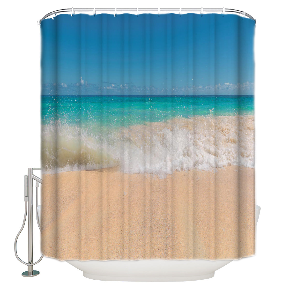 Blue Sky Waves Beach Shower Curtain | Blue Sky Beach Bathroom Curtain