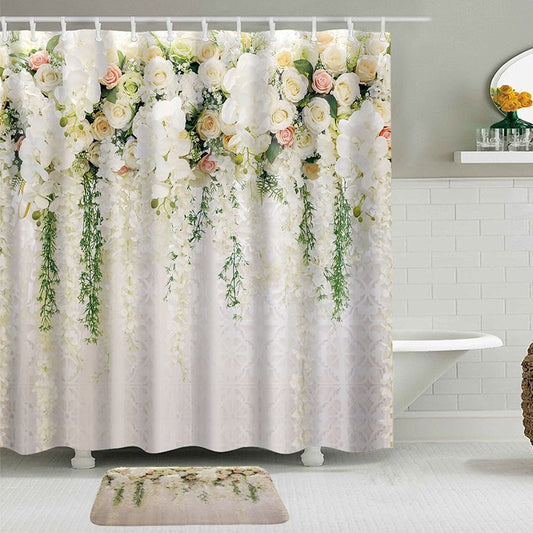 Romantic Love Sanctity Flower White Rose Wall Shower Curtain | Rose Bathroom Curtain