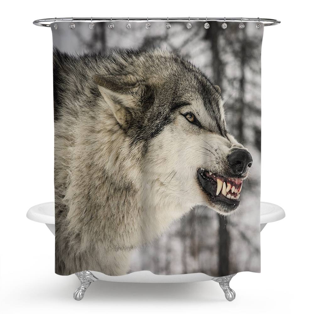 Moon Wolf Printed Bathroom Set, Waterproof Curtain With 12 Hooks