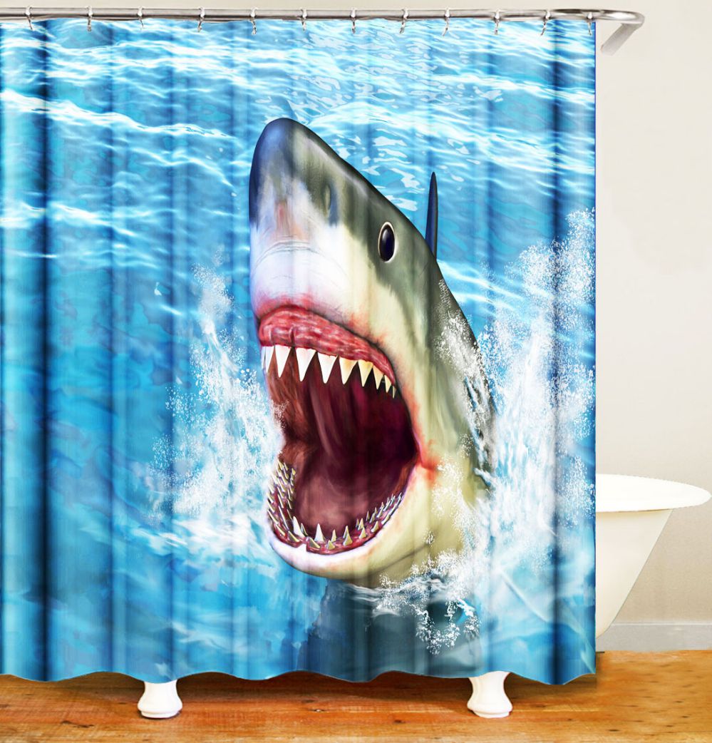 Shark Breaking Water Jaws Shower Curtain, Ocean Bathroom Decor