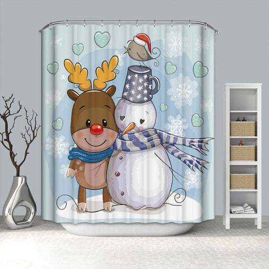 Sweet Hug with Snowman Cartoon Christmas Reindeer Shower Curtain