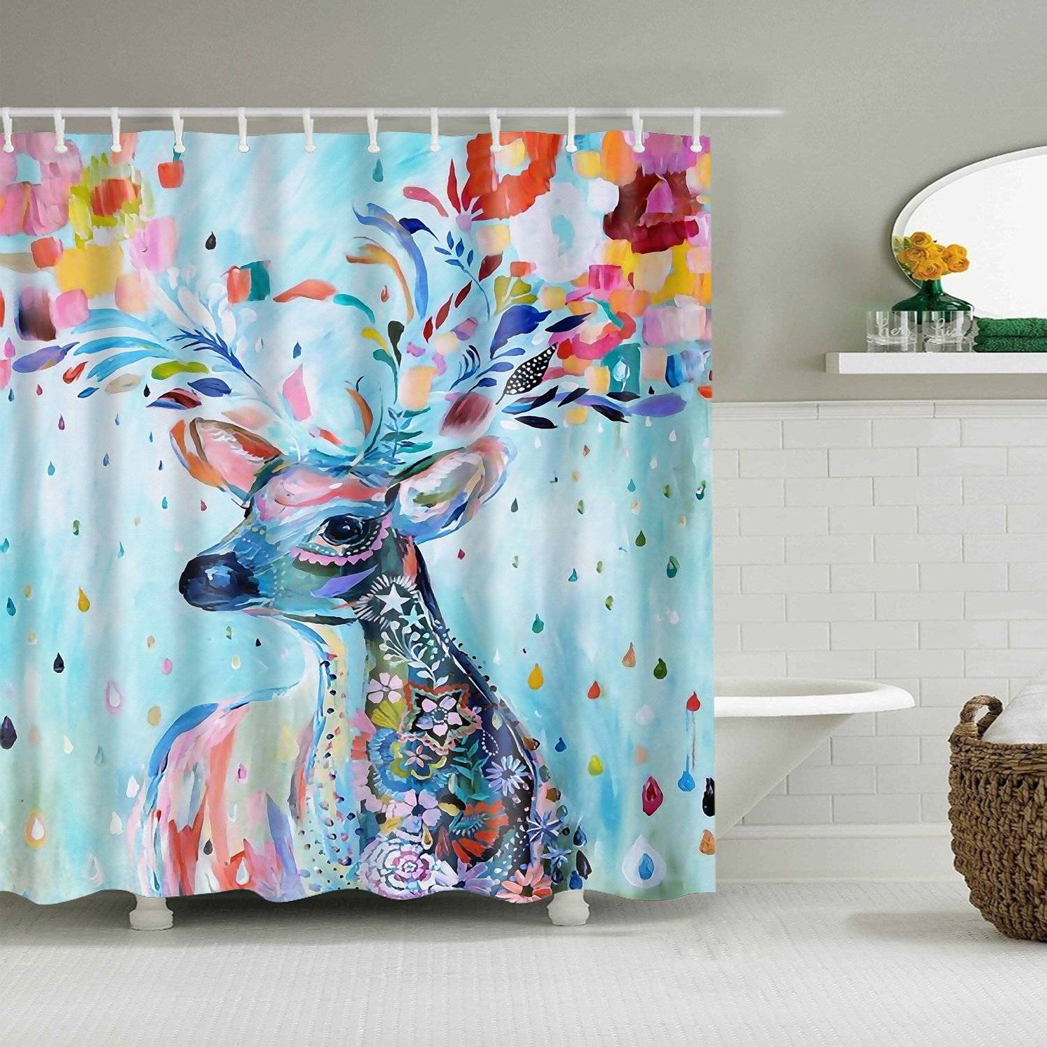 Fantasy Colored Painting Flowers Deer Antler Shower Curtain