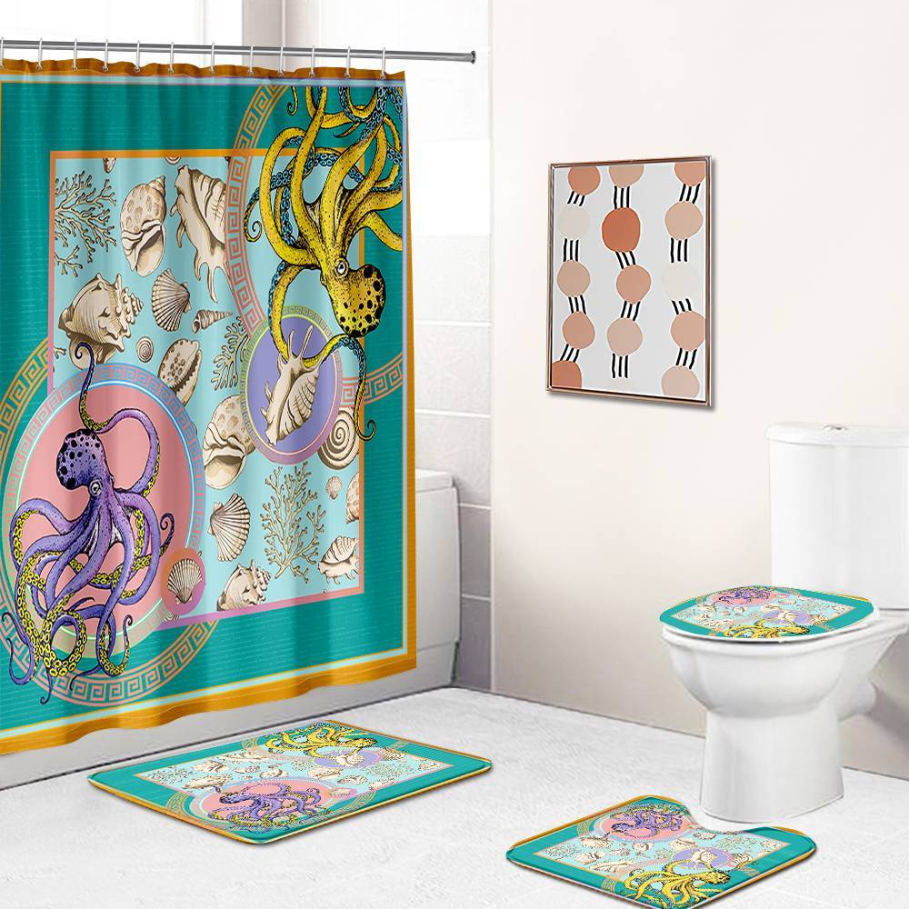 Ocean Creature Conch and Tow Octopuese Shower Curtain | Conch Octopus Shower Curtain