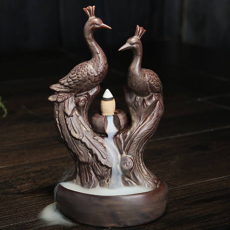 Reverse Smoke Couple Peacock Incense Burner