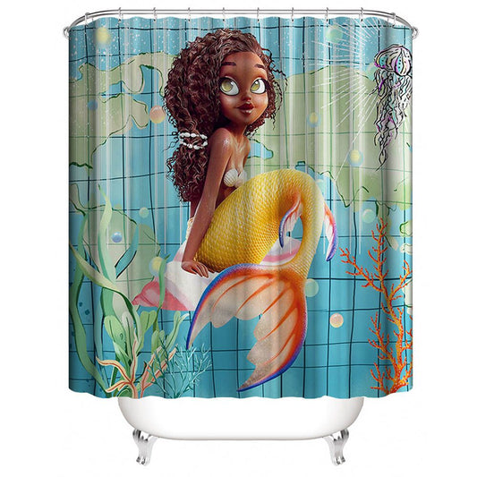 Afro Black Mermaid Shower Curtain | Afro Mermaid Bathroom Curtain