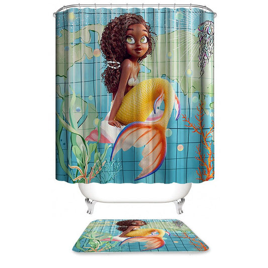 Afro Black Mermaid Shower Curtain | Afro Mermaid Bathroom Curtain