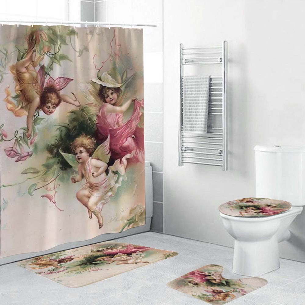 Retro Cherub Shower Curtain, Angels with Butterfly Wings Bathroom Curtain