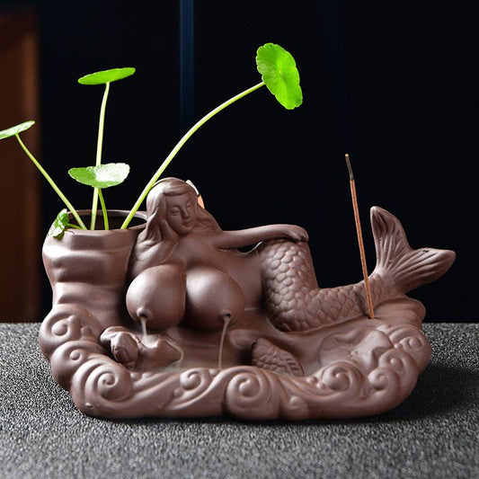 Mermaid Lying on The Waves Incense Burner with Incense Stick Holder