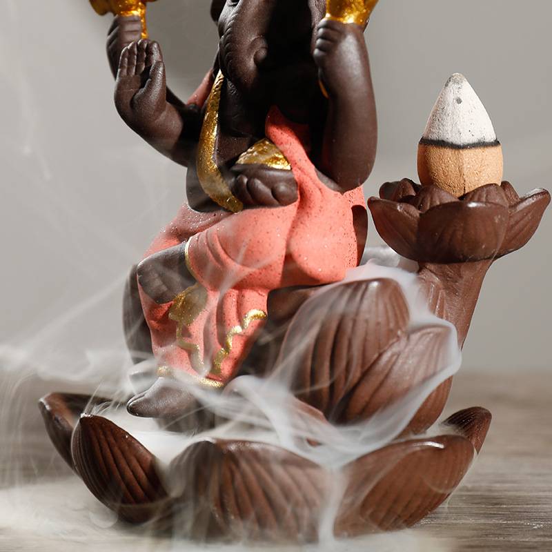 Ganesha Lotus Base Backflow Incense Burner with Incense Stick Holder