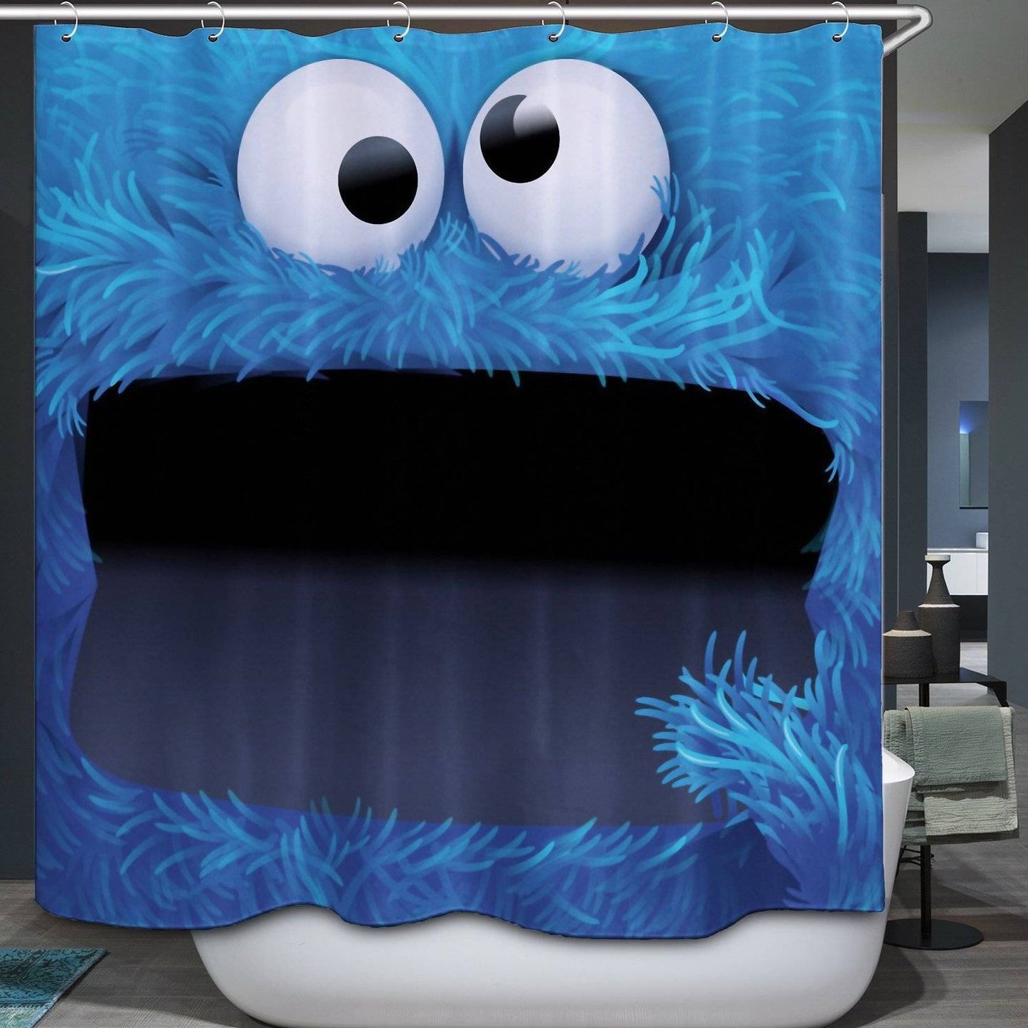 Cartoon Blue Plush Muppet Cookie Monster Shower Curtain