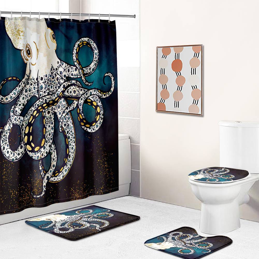Dark Blue Backgroup White Octopus Shower Curtain | Octopus Bathroom Curtain
