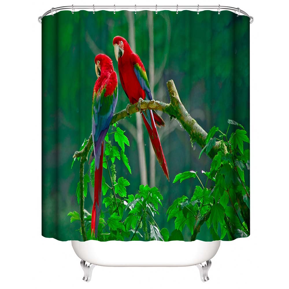 Scarlet Macaw Shower Curtain, Green Forest Beautiful Red Parrot Bathroom Curtain