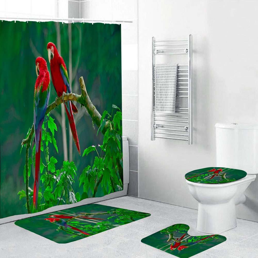 Scarlet Macaw Shower Curtain, Green Forest Beautiful Red Parrot Bathroom Curtain