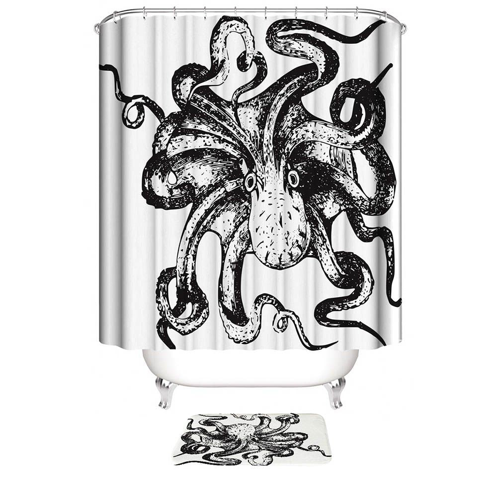 Black and White Octopus Shower Curtain | Black and White Octopus Bathroom Curtain