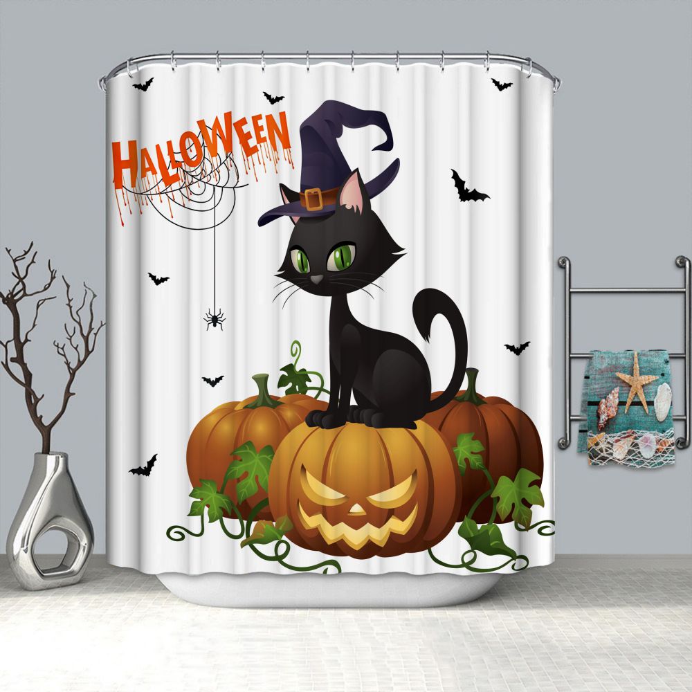 Black Cat Halloween Shower Curtain | Cat Pumpkin Halloween Shower Curtain