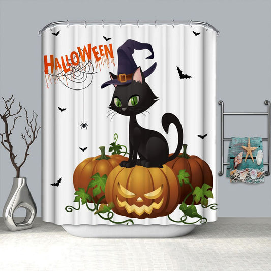 Black Cat Halloween Shower Curtain | Cat Pumpkin Halloween Shower Curtain