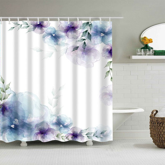 Watercolor Blue Flower Shower Curtain | Watercolor Blue Flower Bathroom Curtain