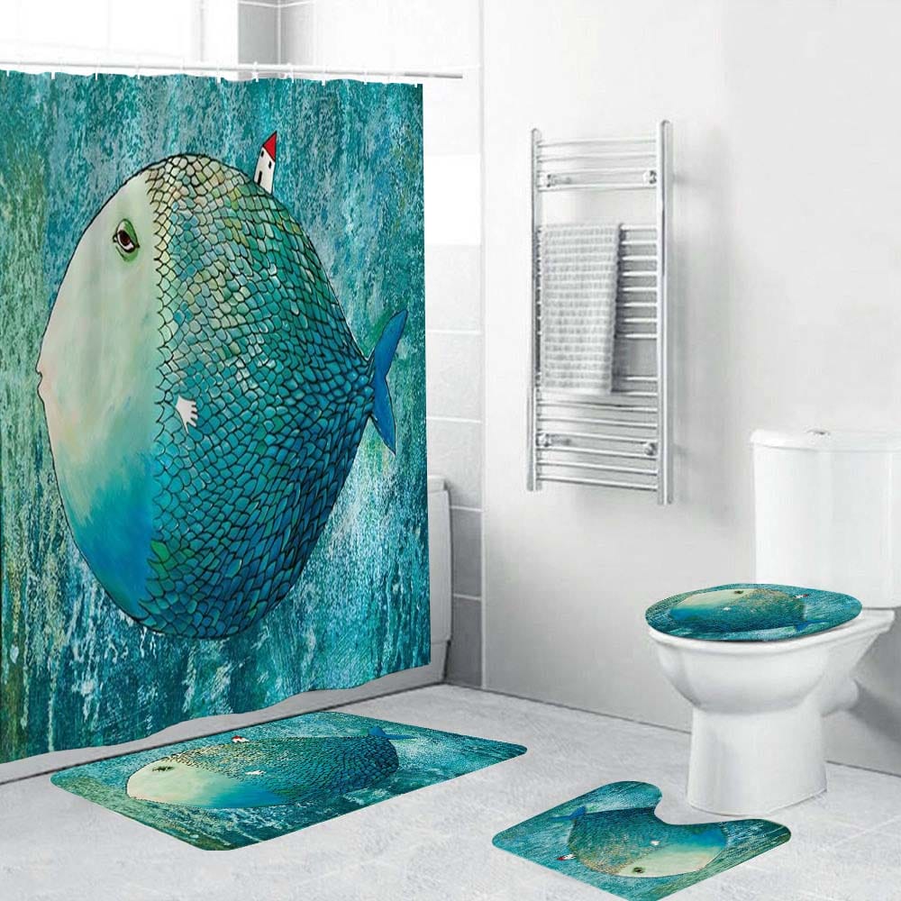Cartoon Sleepy Blue Fish Shower Curtain, Abstract Fish and Cabin Bathroom Curtain