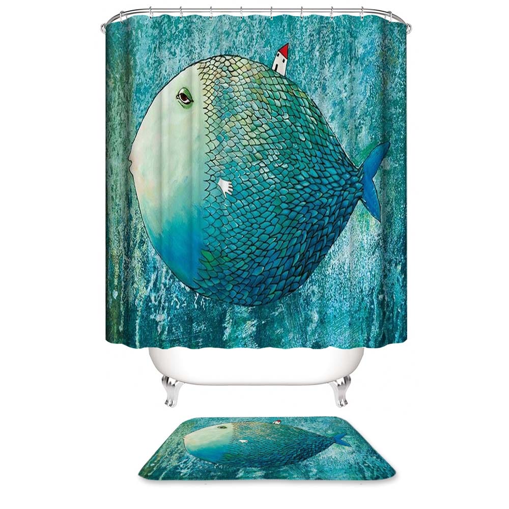Cartoon Sleepy Blue Fish Shower Curtain, Abstract Fish and Cabin Bathroom Curtain