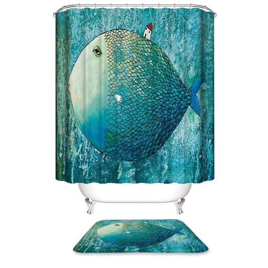 Cartoon Sleepy Blue Fish Shower Curtain, Abstract Fish and Cabin Bathroom Curtain