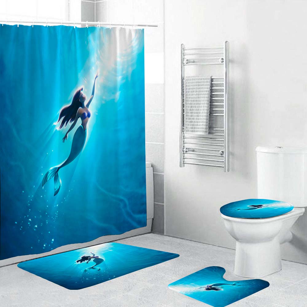 The Little Mermaid Shower Curtain, Cartoon Blue Ocean Tale Style Bathroom Decor