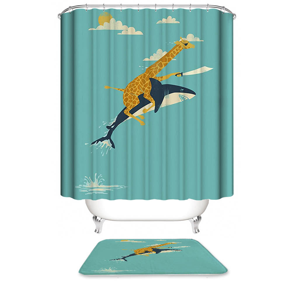 Cartoon Dream Go Fighting Giraffe Riding Shark Shower Curtain